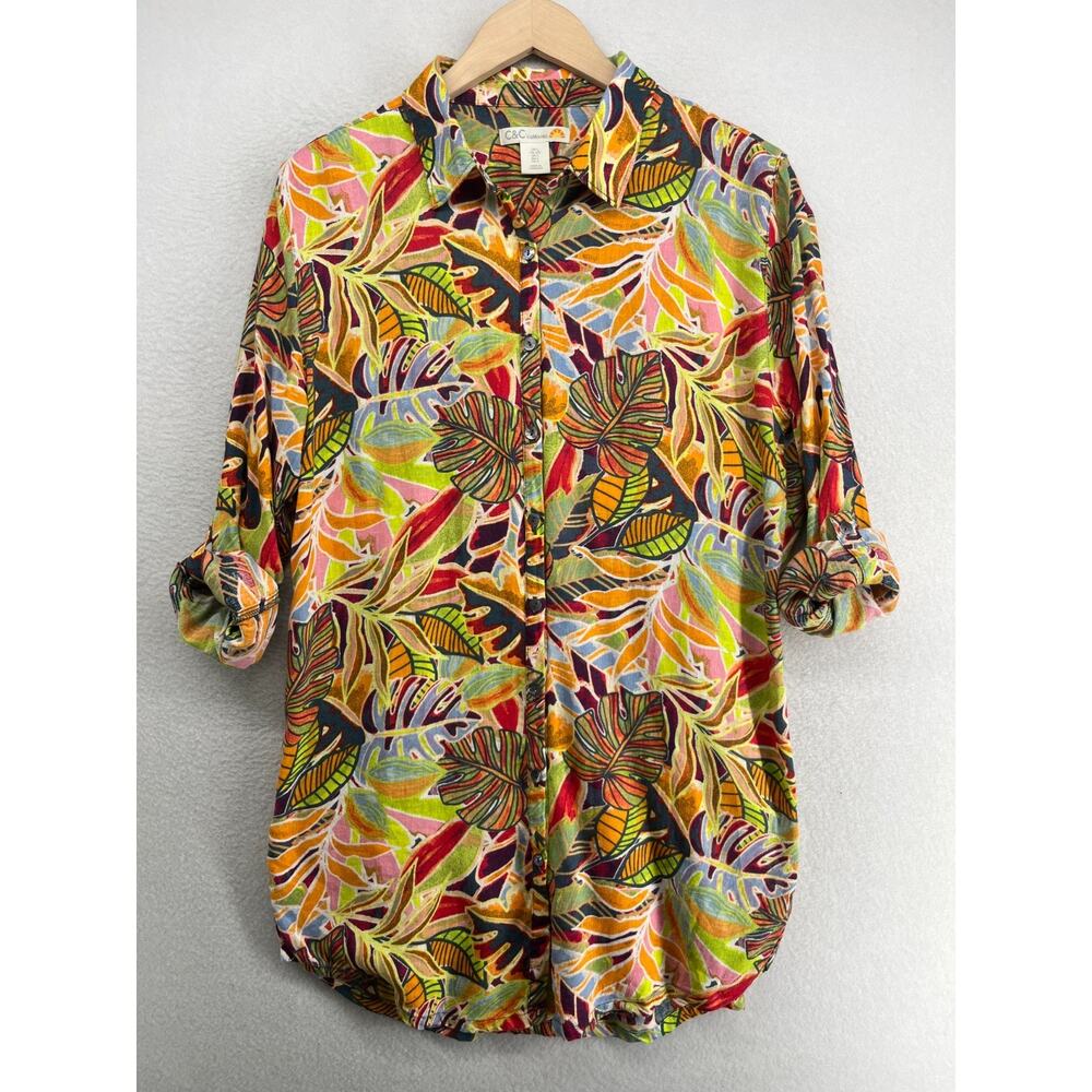 C&C CALIFORNIA Top L Tropical Print Linen Blend Tunic Button Up Roll Tab Yellow